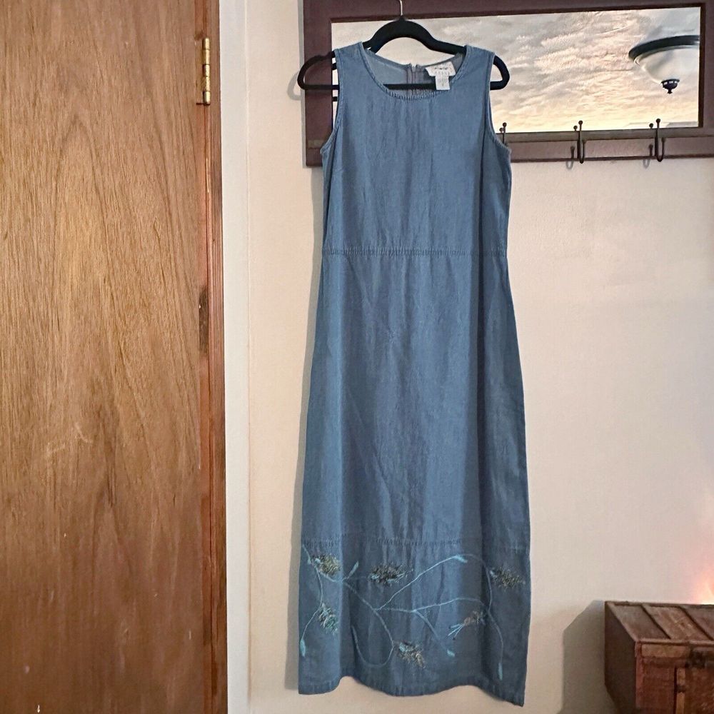 VTG Country Wear Casuals Denim Maxi Dress &‎ Jacket Set Blue Floral Embroidery